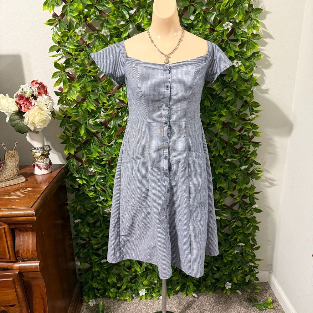 Cottagecore Dream: Off-The-Shoulder Pinstripe Blue Dress With Pockets